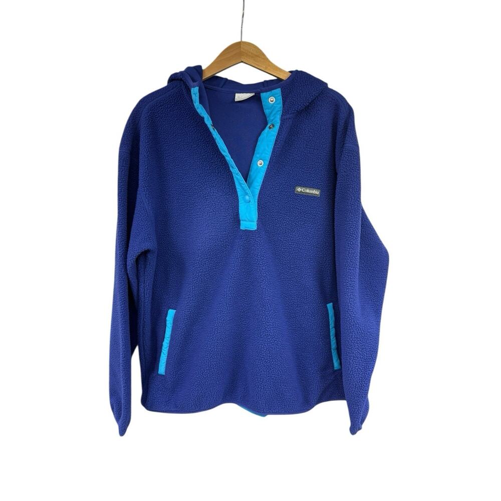 Columbia Helvetia II Sherpa Fleece Hooded Jacket Sapphire Blue Womens XL